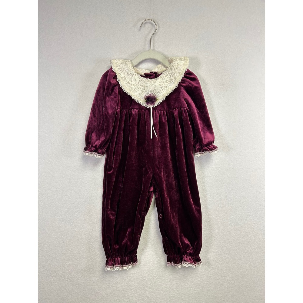Rose Cottage Vintage Burgundy‎ Velvet Lace Baby Girls Jumpsuit Romper 12 Months